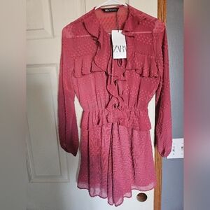 Zara Women's Pink/mauve Ruffled Long Sleeve Shorts Romper. Size XS. New W/tags.